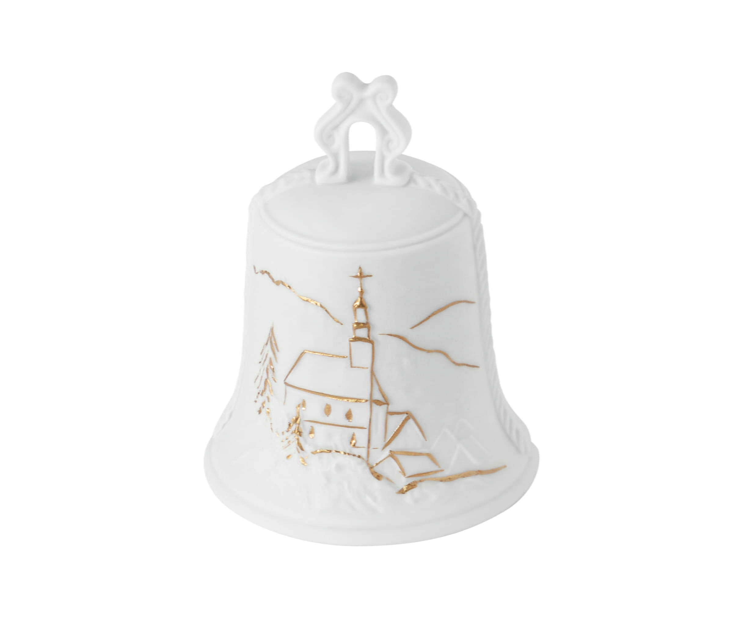 Seltmann Porzellan Weihnachtsglocke 8 cm mit Relief Ø 6 cm, Weiß/Gold