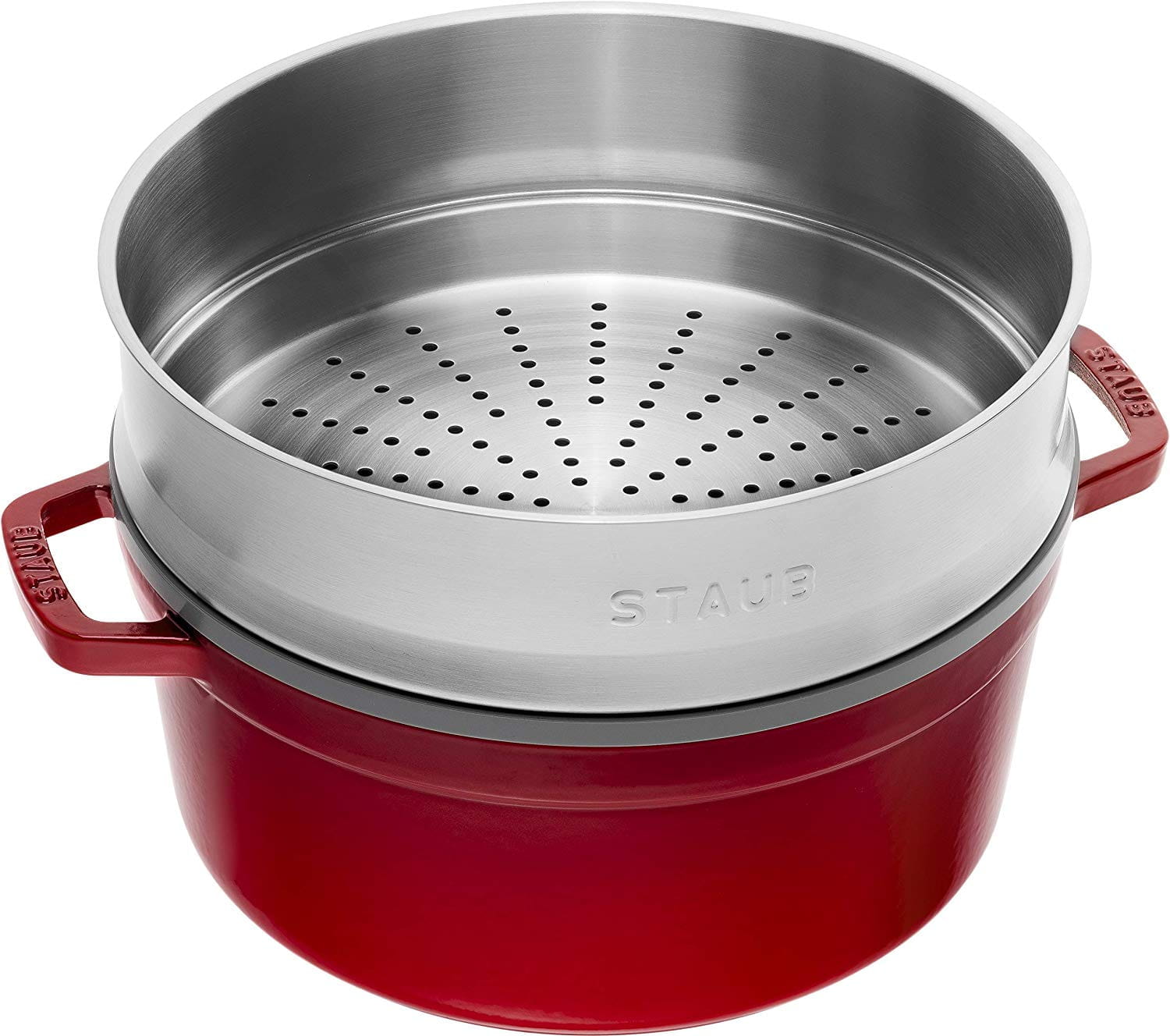 Staub Cocotte Bräter Gusseisen rund 26cm kirsch mit Dämpfeinsatz