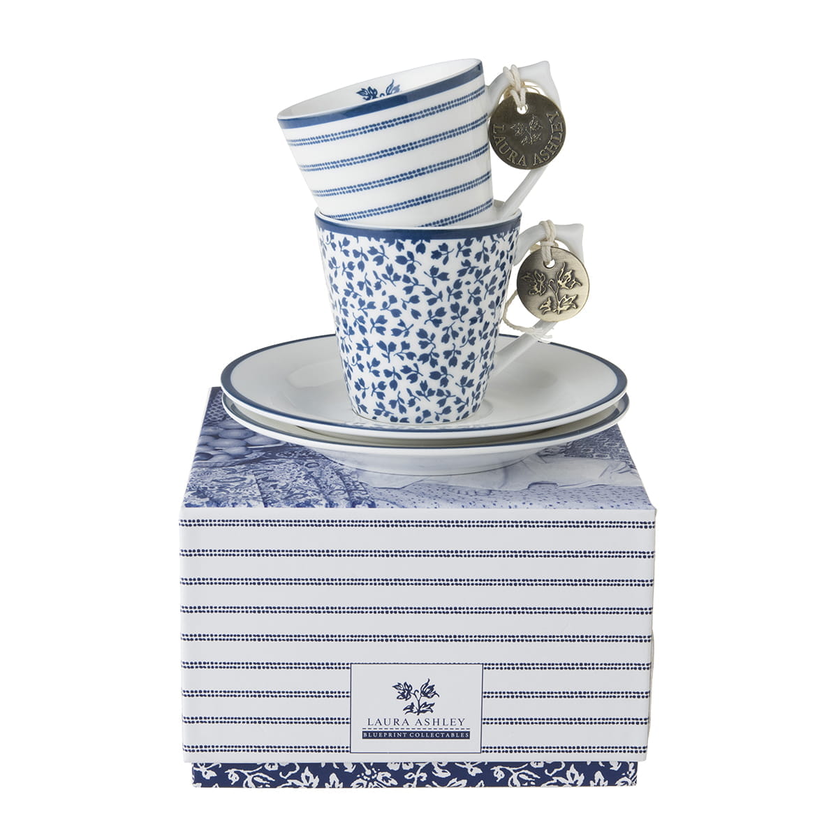 Laura Ashley Blueprint Porzellan Set/2 Espresso Tassen & Untertassen Candy Stripe & Floris