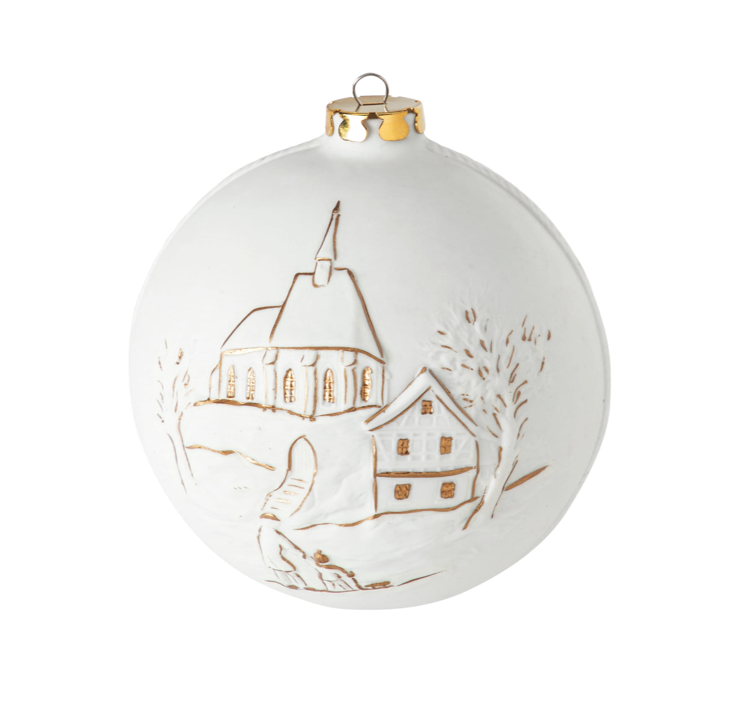 Seltmann Porzellan Weihnachtskugel, "Kirchgang + Marterl" Ø 10 cm, Weiß/Gold