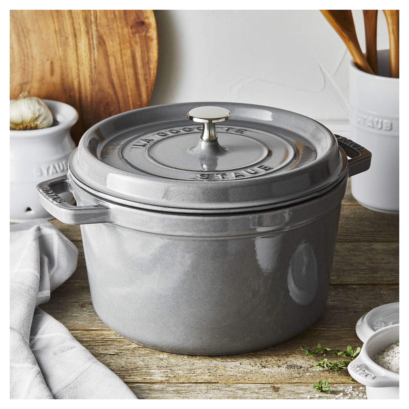 Staub Cocotte Bräter Gusseisen hoch, rund 24 cm Graphitgrau