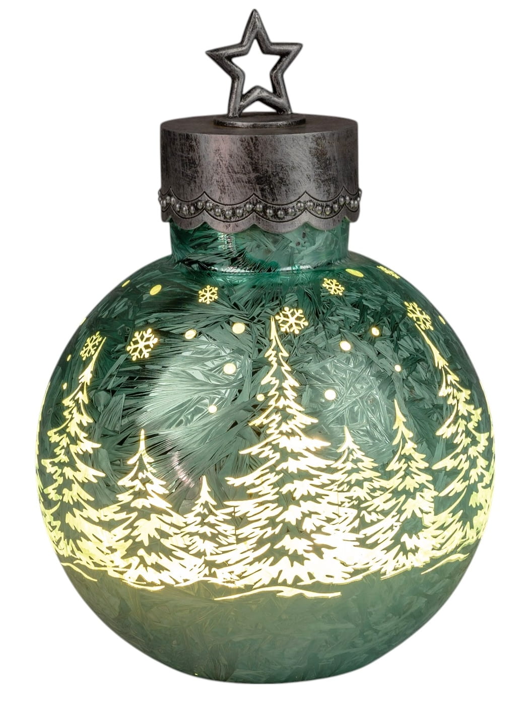 formano Weihnachtskugel 35 cm, Farbglas in Ice-Optik mit LED-Licht, winterl. Dekor + aufgesetztem Stern