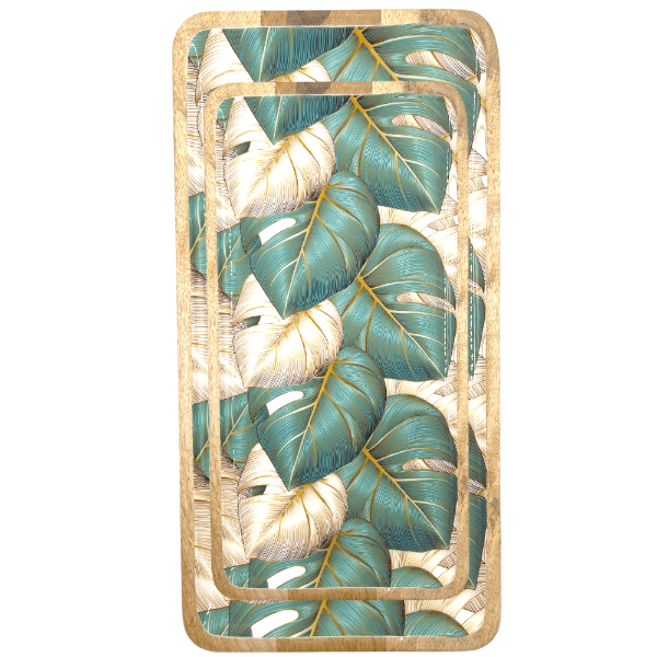 byRoom Mangoholz Tabletts Monstera, 2er Set, grün/beige