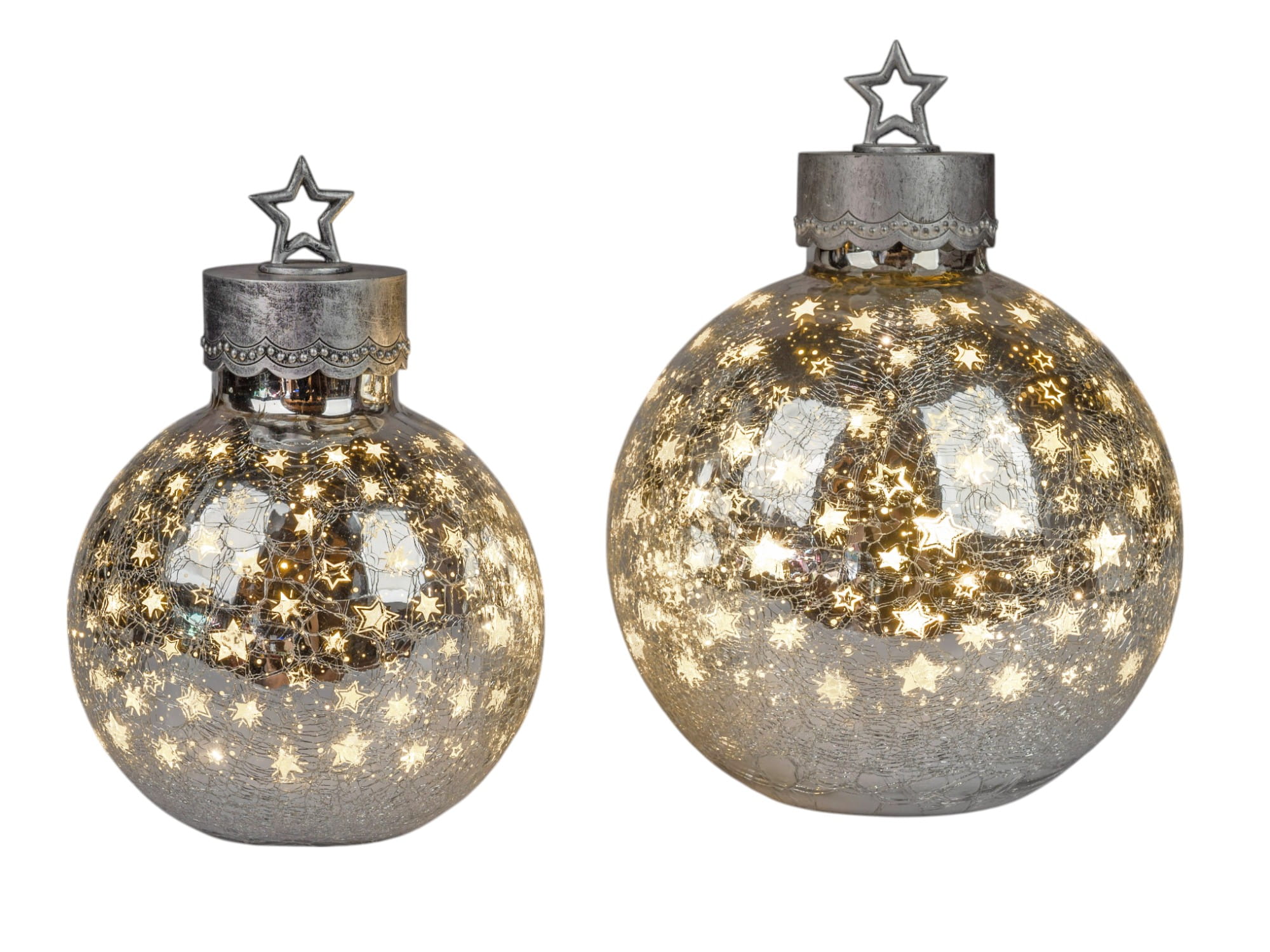 formano Weihnachtskugel 35 cm, Farbglas in Krakelee-Optik mit LED-Licht, Sterne-Silber + aufgesetztem Stern