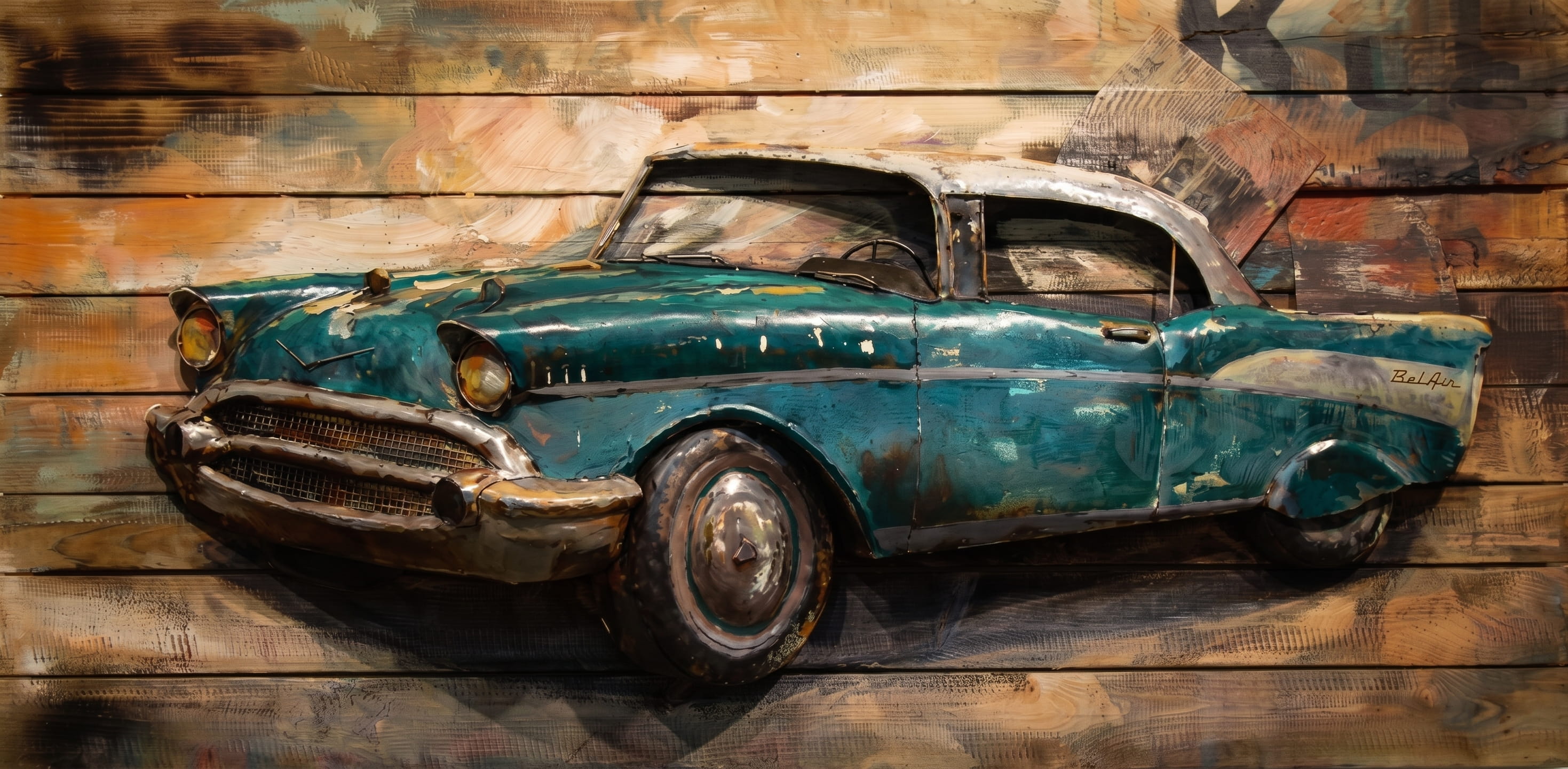 La Casa Metall 3D-Wandbild auf Holz "Oldtimer" - 140 x 70 x cm