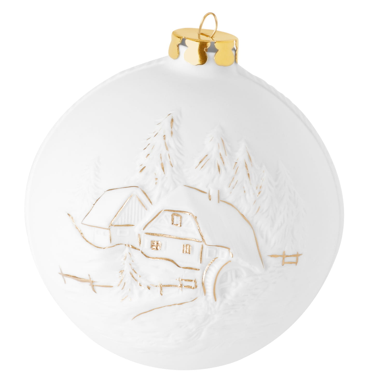 Seltmann Porzellan Weihnachtskugel, "Kirche und Brunnen + Mühle" Ø 8 cm, Weiß/Gold
