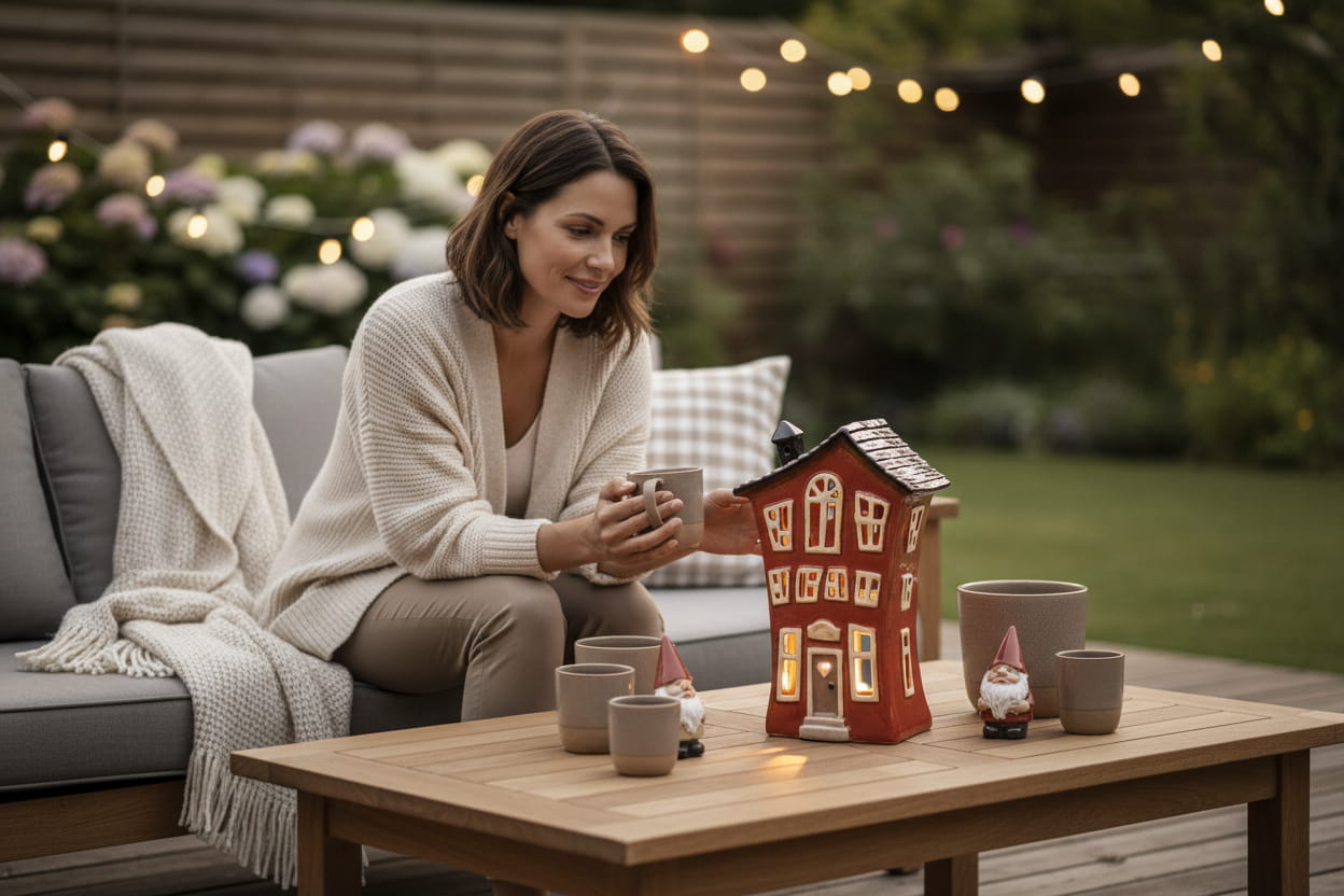 formano Windlicht Haus Steinzeug handbemalt 23cm rot