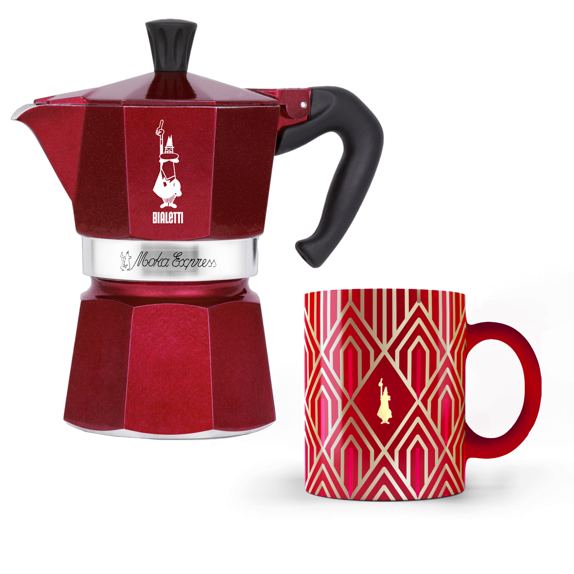 Bialetti Deco Glamour Espressokocher Moka Express rot, 3 Tassen, inkl. Porzellan Kaffeebecher