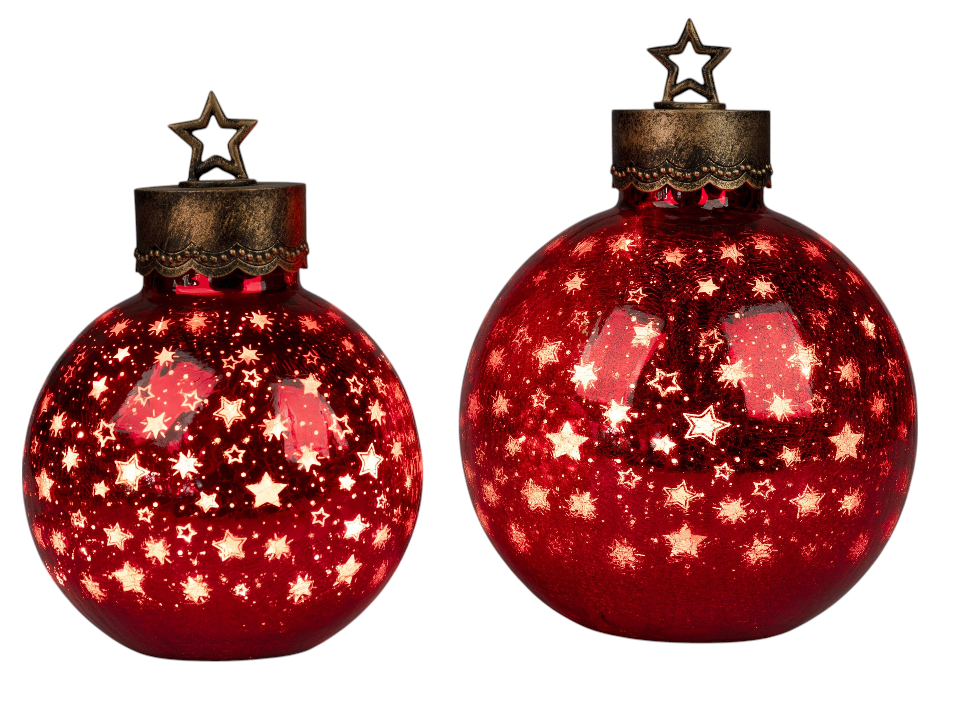 formano Weihnachtskugel 30 cm, Farbglas in Krakelee-Optik mit LED-Licht, Sterne-Rot + aufgesetztem Stern