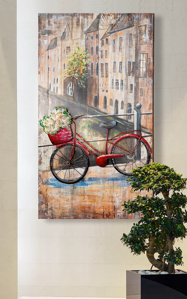 Gilde Metall Bild 3D auf Holz "Blumenfahrrad" auf Holz - 70 x 120 cm