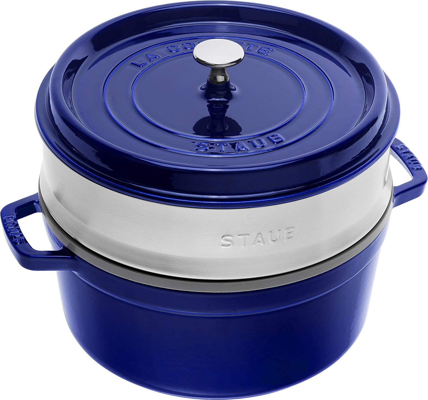 Staub Cocotte Bräter Gusseisen rund 26cm blau mit Dämpfeinsatz