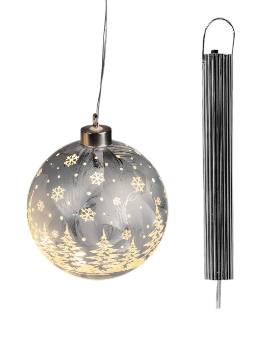 formano LED Hänger Weihnachtskugel Ø 12 cm, Farbglas, Ice-Optik, Timer + Batteriebox, Frosty-Silber