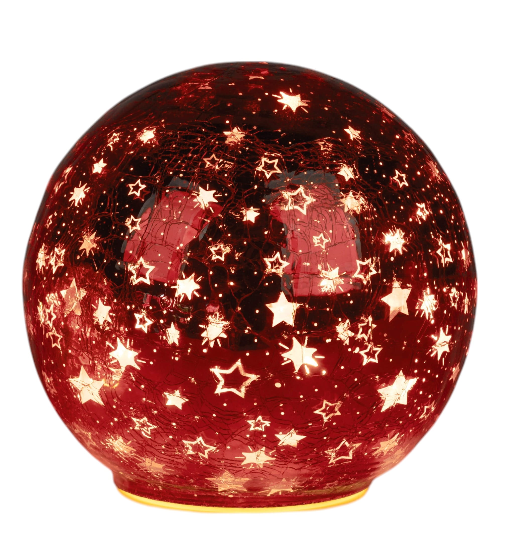 formano Weihnachtskugel 15 cm, Farbglas in Krakelee-Optik mit LED-Licht & Timer, Sterne-Rot