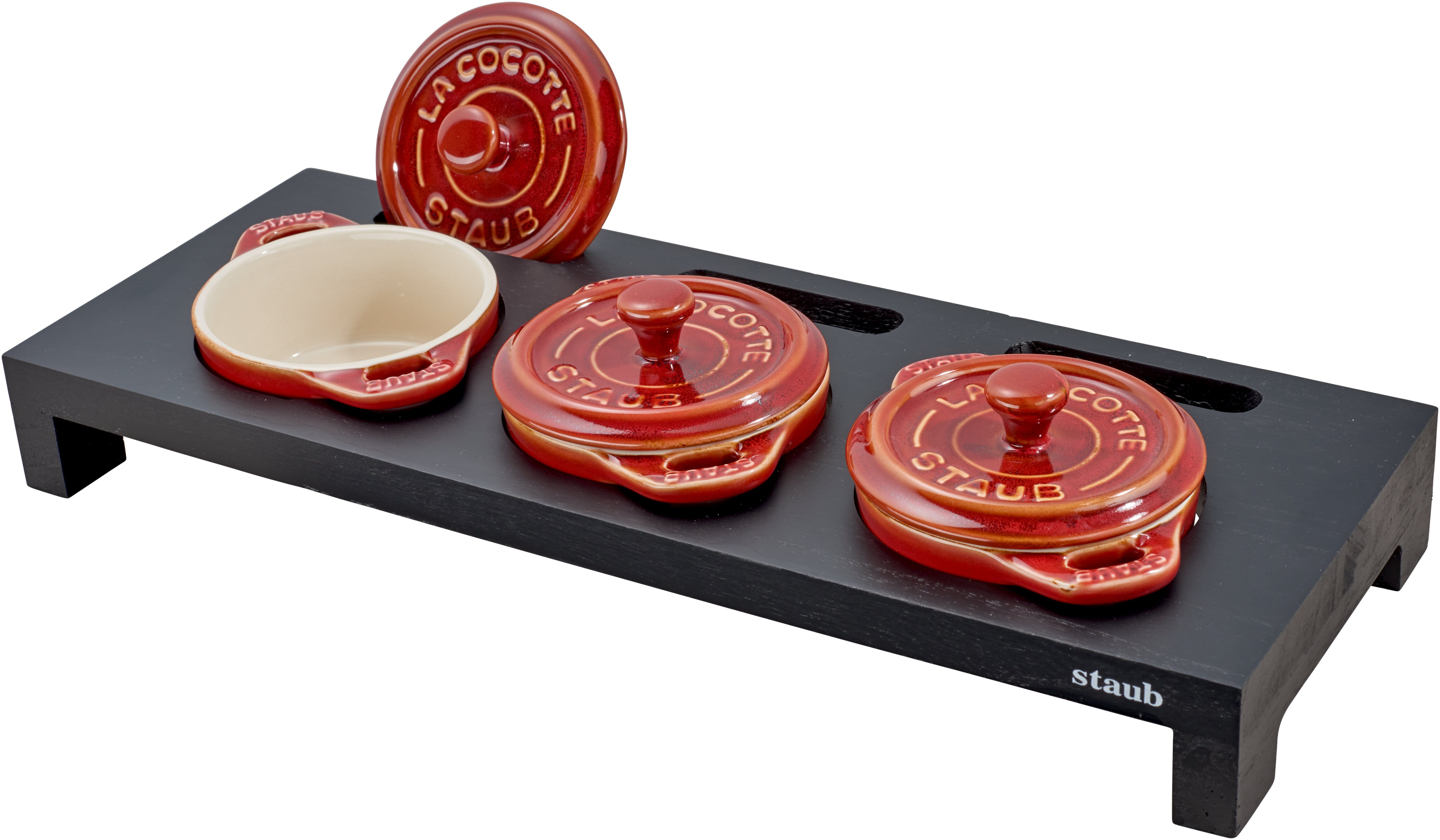 Staub Zubehör Servierbrett für 3 runde Mini Cocottes 46x16x5cm schwarz