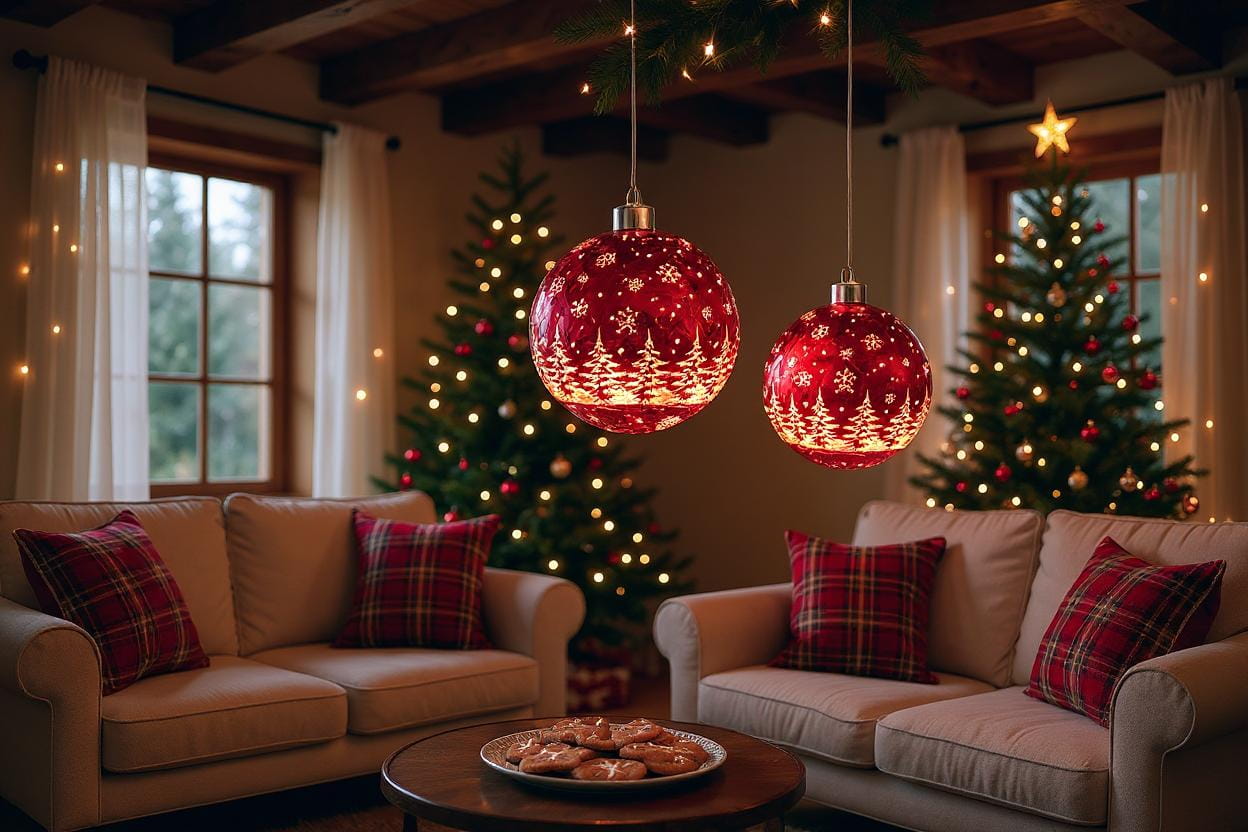 formano LED Hänger Weihnachtskugel Ø 10 cm, Farbglas, Ice-Optik, Timer + Batteriebox, Frosty-Rot