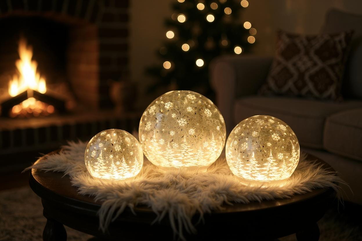 formano Weihnachtskugel 15 cm, Farbglas champagner in geeister Optik, mit LED-Licht & Timer, winterl. Dekor Kopie
