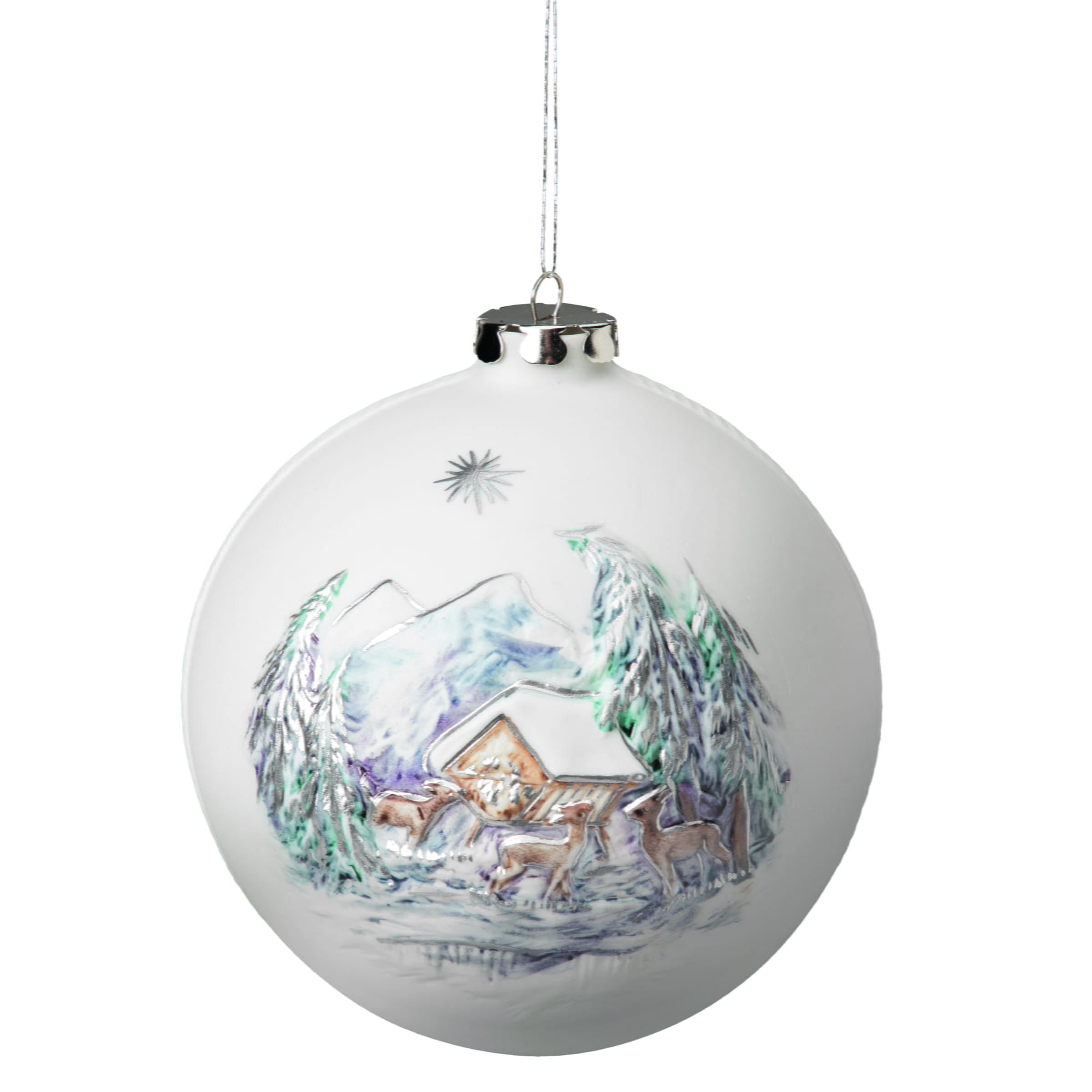 Seltmann Porzellan Weihnachtskugel, "Wildfütterung + Mühle" Ø 10 cm, bemalt