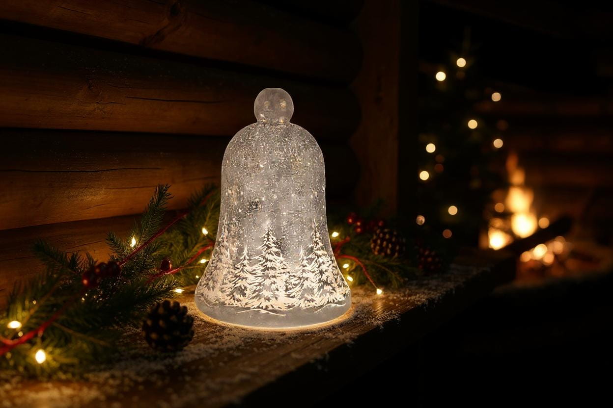 formano Weihnachts-Glocke 22 cm, Farbglas Silber in Frosty-Optik mit LED-Licht & Timer, winterl. Dekor