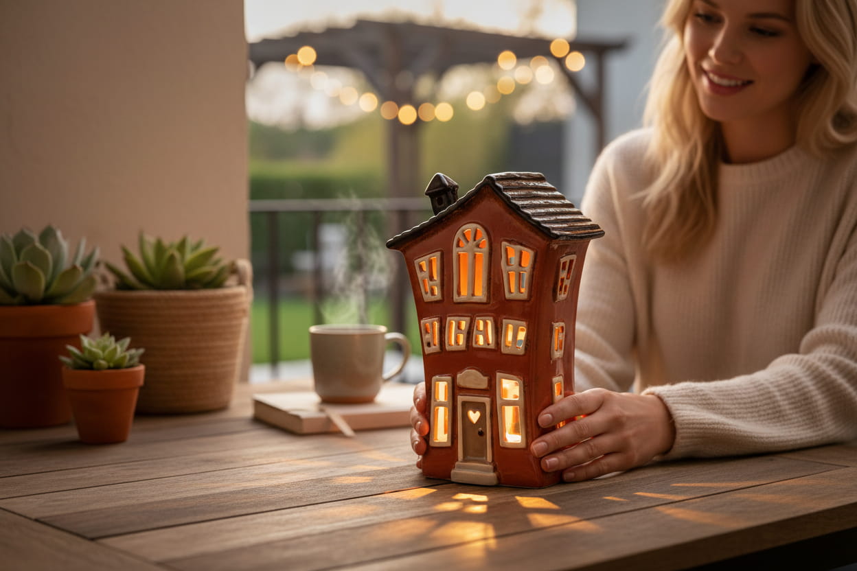 formano Windlicht Haus Steinzeug handbemalt 23cm rot