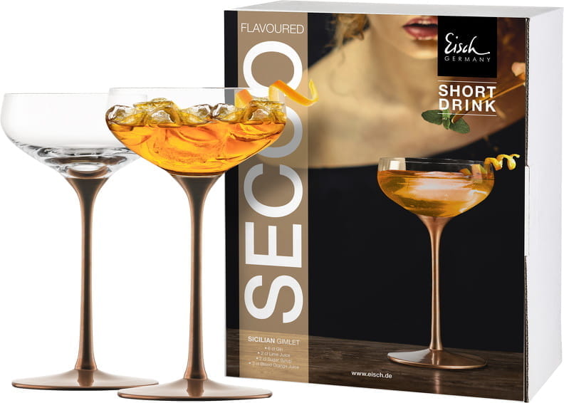 Eisch Glas Secco Flavoured 2 Short Drinks 550/8 Stiele Kupfer im GK