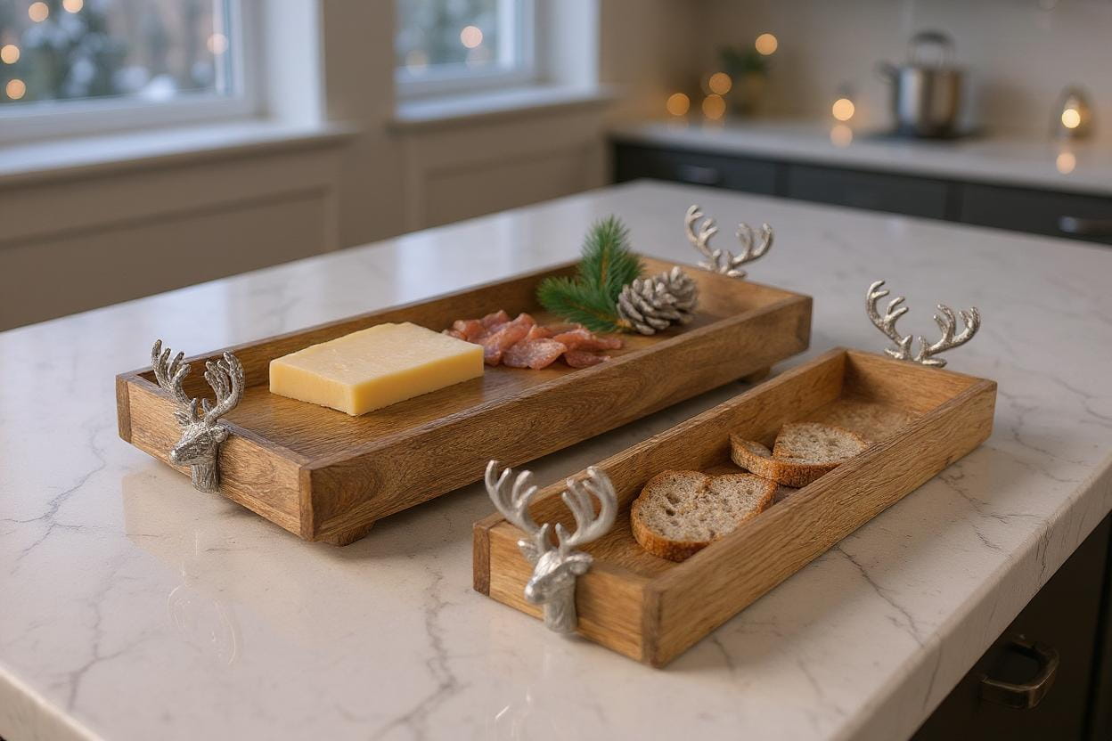 formano Tablett Elch aus Mangoholz mit Alu-Hirschköpfen, 48 x 12 cm