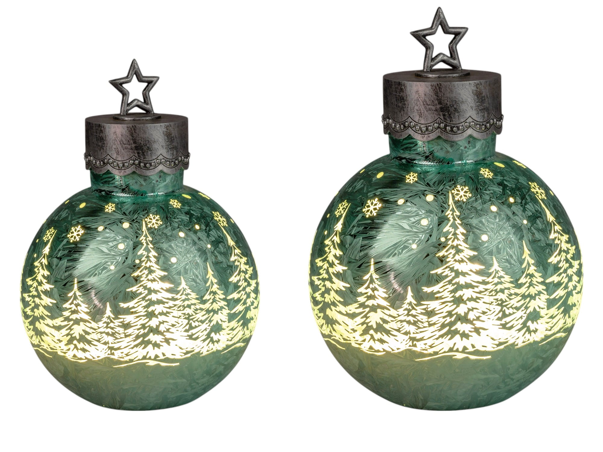 formano Weihnachtskugel 30 cm, Farbglas in Ice-Optik mit LED-Licht, winterl. Dekor + aufgesetztem Stern