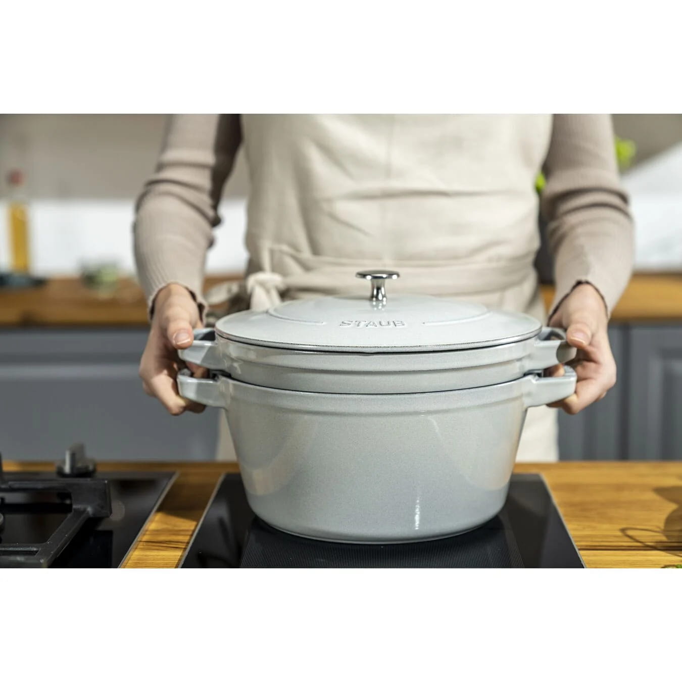 Staub Cocotte Kochtopfset 2-teilig Gusseisen rund 24 cm Weißer Trüffel
