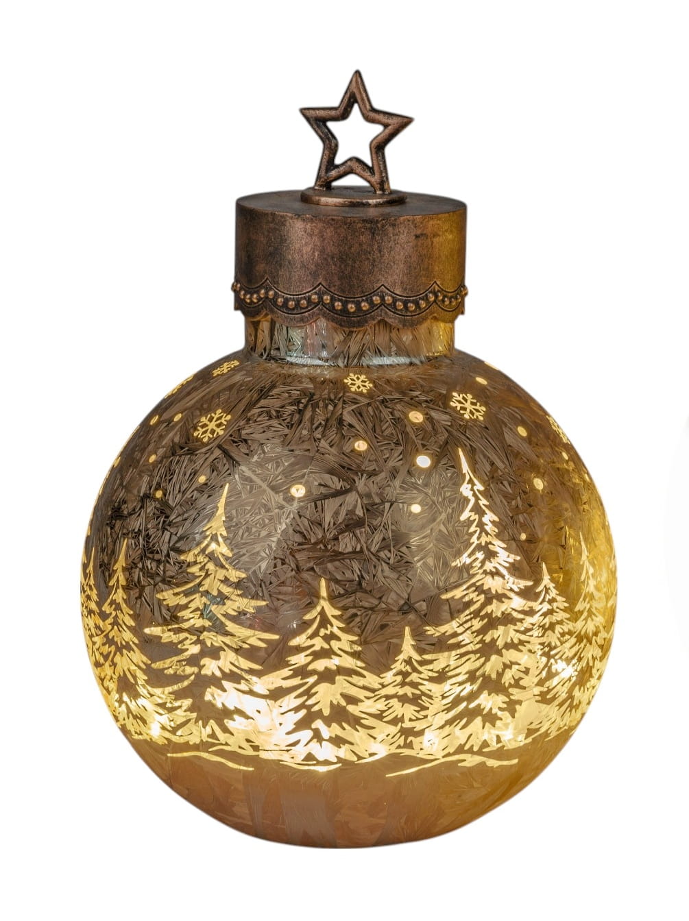 formano Weihnachtskugel 30 cm, Farbglas in Ice-Optik mit LED-Licht, winterl. Dekor + aufgesetztem Stern