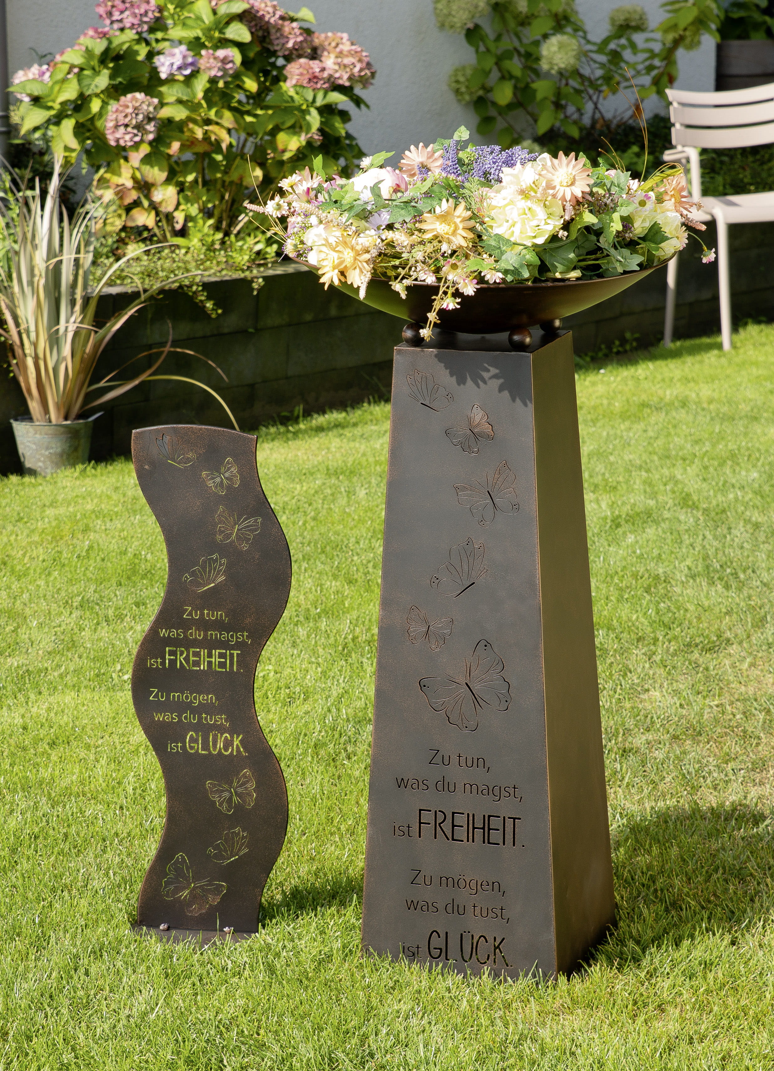 Gilde Metall Schalenständer "Freiheit & Glück", Ø 50 cm, braun - 95 cm