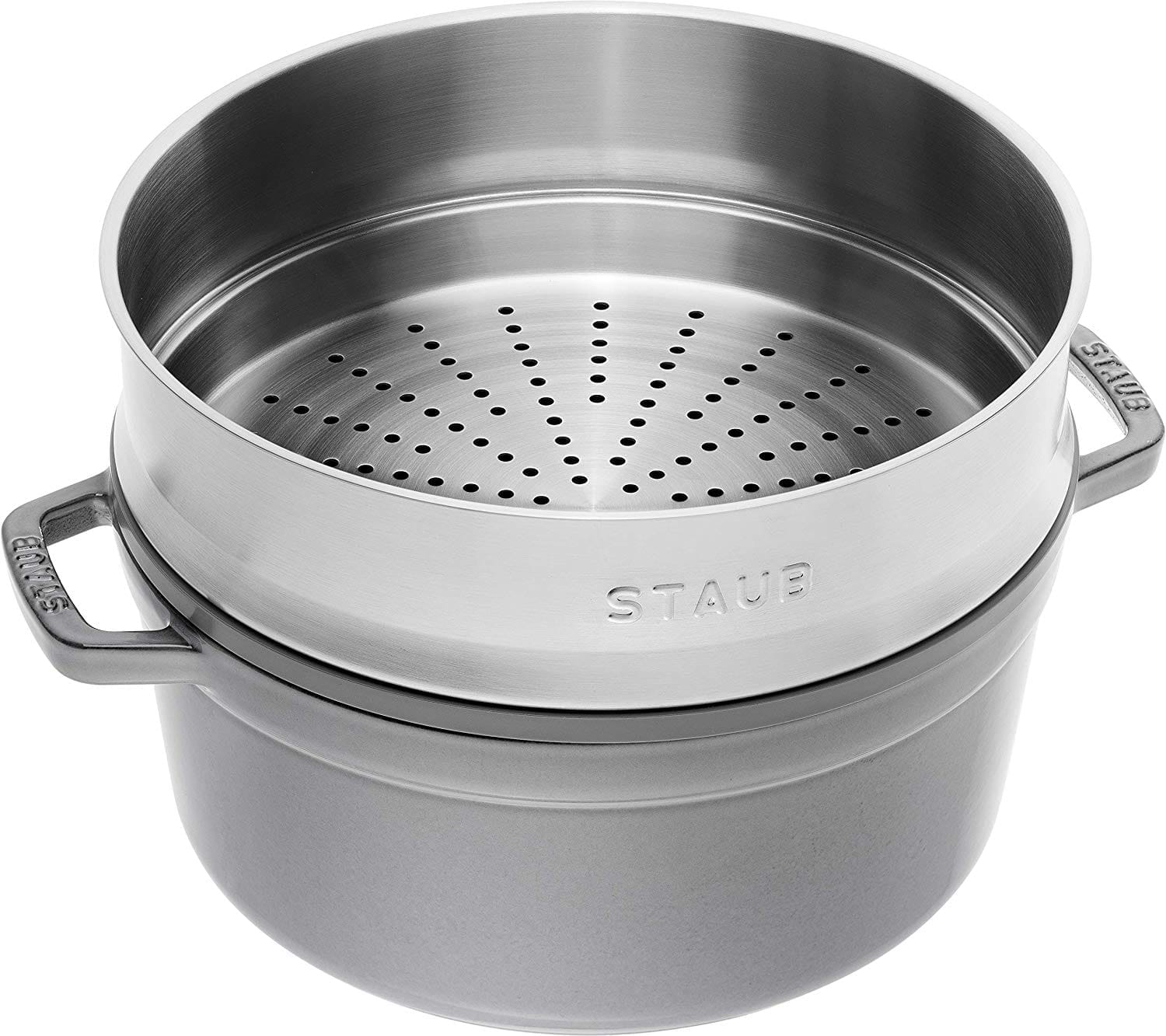 Staub Cocotte Bräter Gusseisen rund 26cm grau mit Dämpfeinsatz