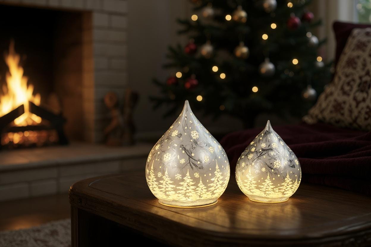 formano Weihnachts-Tropfen 15 cm, Farbglas Silber in Frosty-Optik mit LED-Licht & Timer, winterl. Dekor