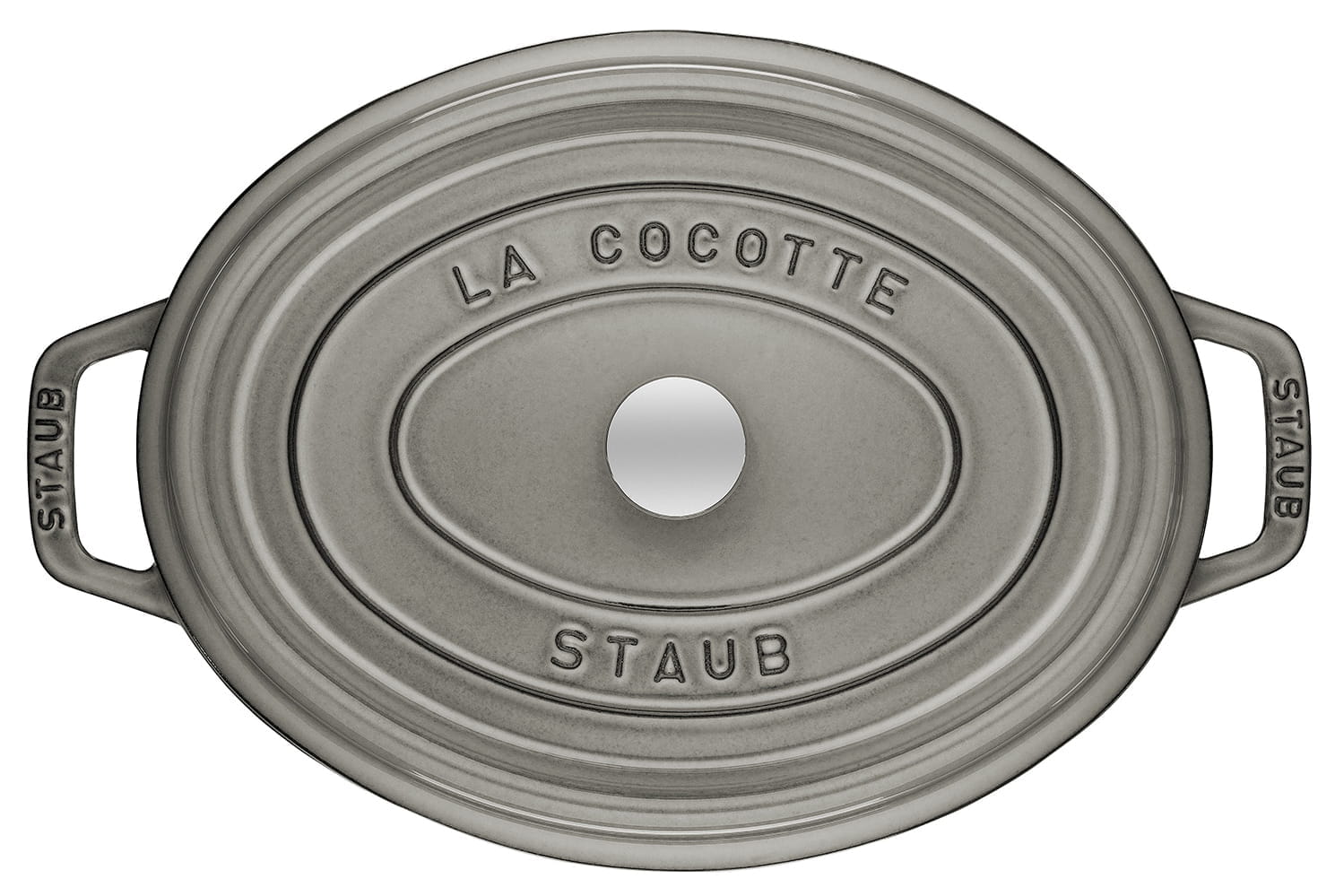 Staub Cocotte Bräter Gusseisen oval 31cm grau oben
