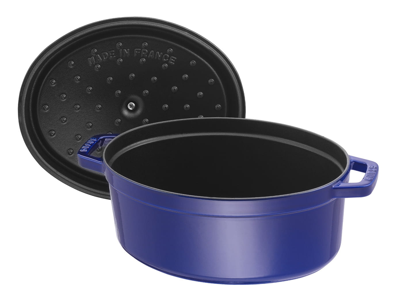 Staub Cocotte Bräter Gusseisen oval 29cm blau offen