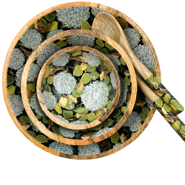 byRoom Mangoholz Schüssel Hortensien blau, gold 25 cm