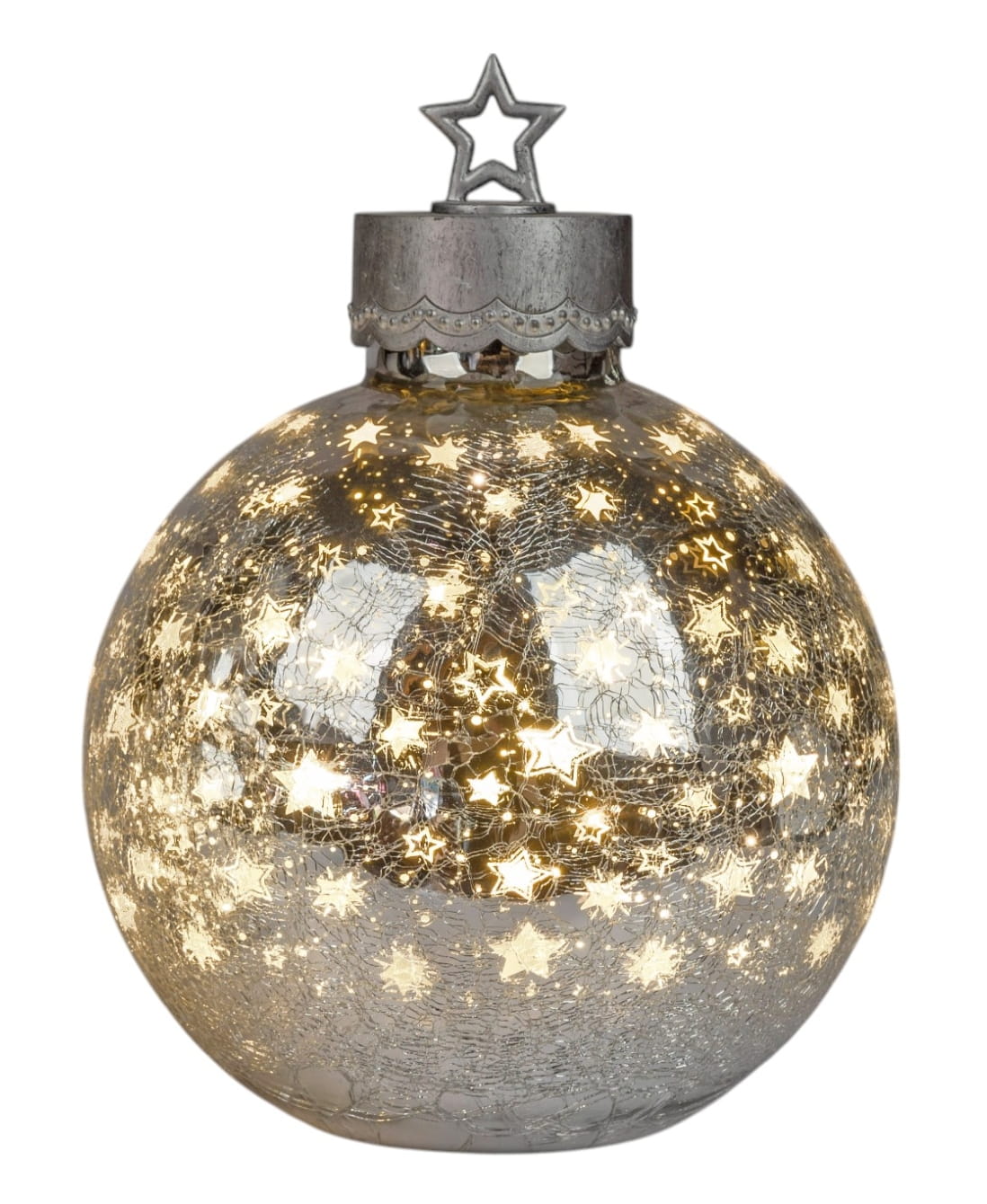 formano Weihnachtskugel 35 cm, Farbglas in Krakelee-Optik mit LED-Licht, Sterne-Silber + aufgesetztem Stern