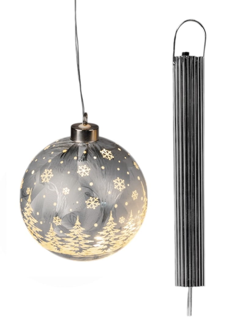 formano LED Hänger Weihnachtskugel Ø 10 cm, Farbglas, Ice-Optik, Timer + Batteriebox, Frosty-Silber