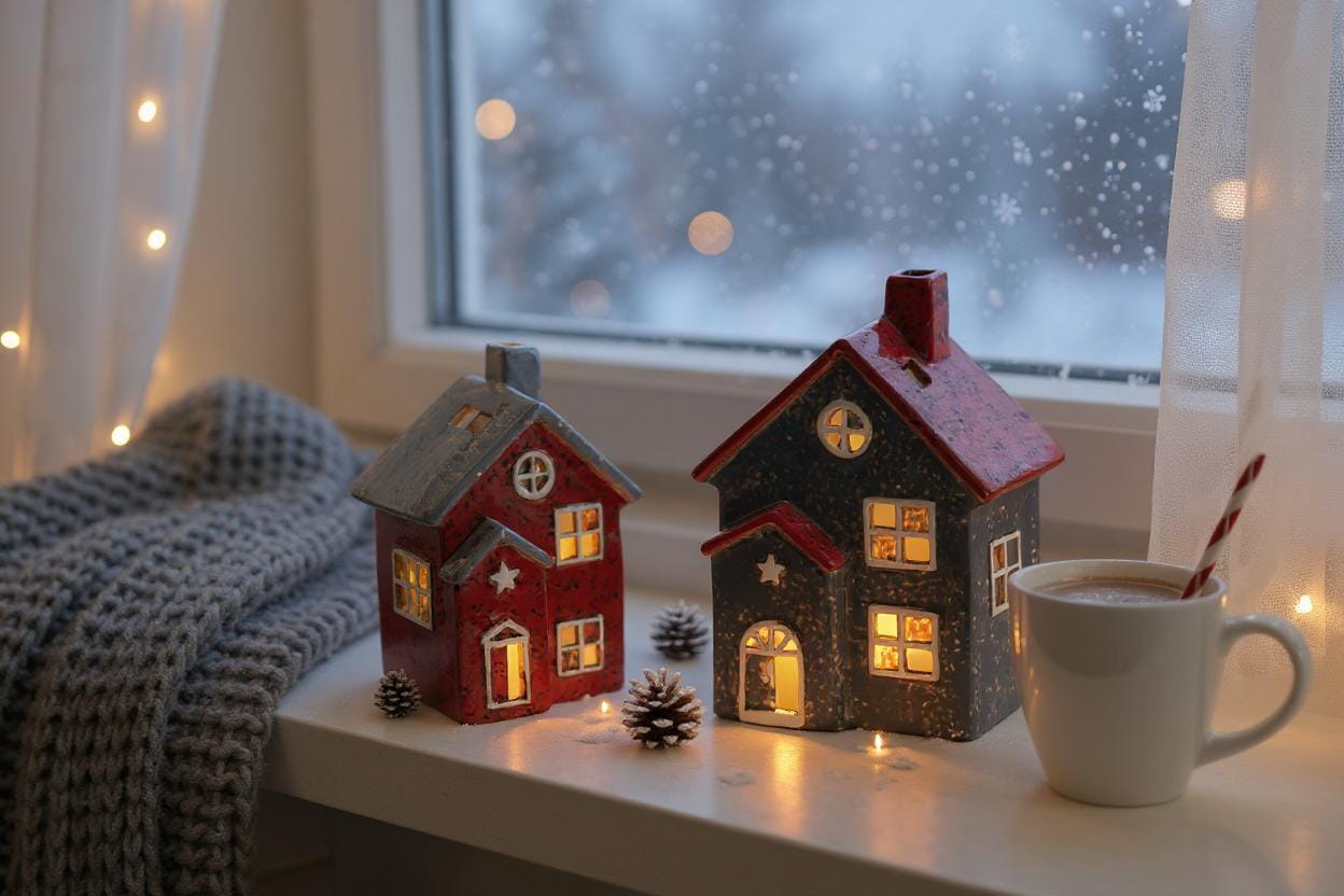 formano Steingut Windlicht-Haus, antikfarben handbemalt, mit Durchbrüchen, 17 cm, sortiert