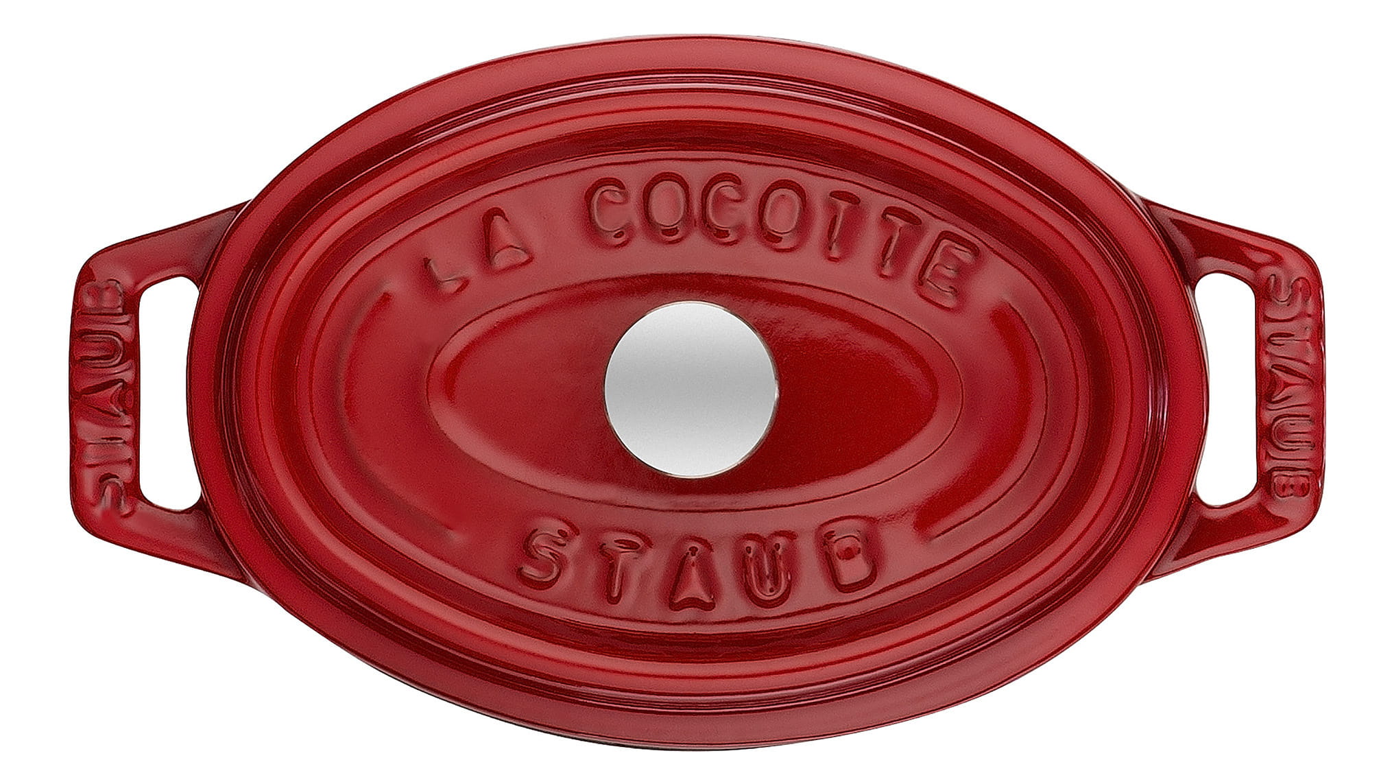 Staub Cocotte Bräter Gusseisen oval 11 cm kirschrot oben