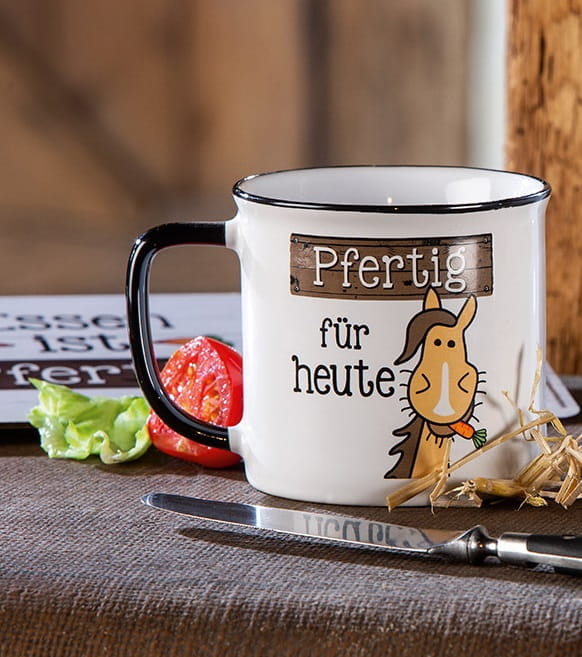 Gilde Porzellan Becher "Pfertig für heute", Pferdemotiv + Spruch, 390 ml