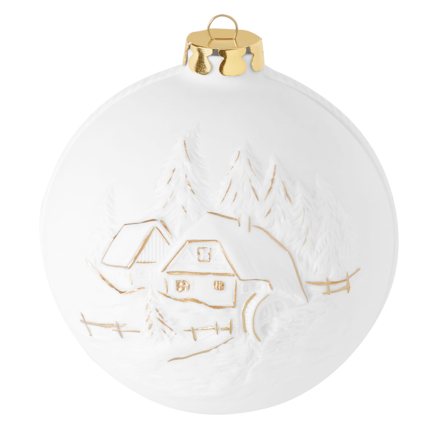 Seltmann Porzellan Weihnachtskugel, "Kirchgang mit Mann + Mühle" Ø 8 cm, Weiß/Gold