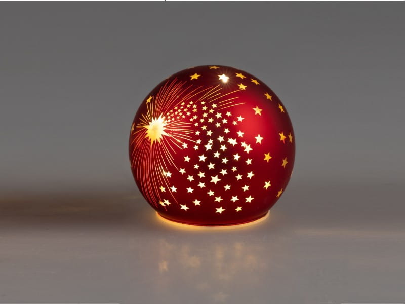 formano Deko-Kugel 12 cm, Farbglas matt, rot/gold mit LED-Licht & Timer,Stern-Dekor