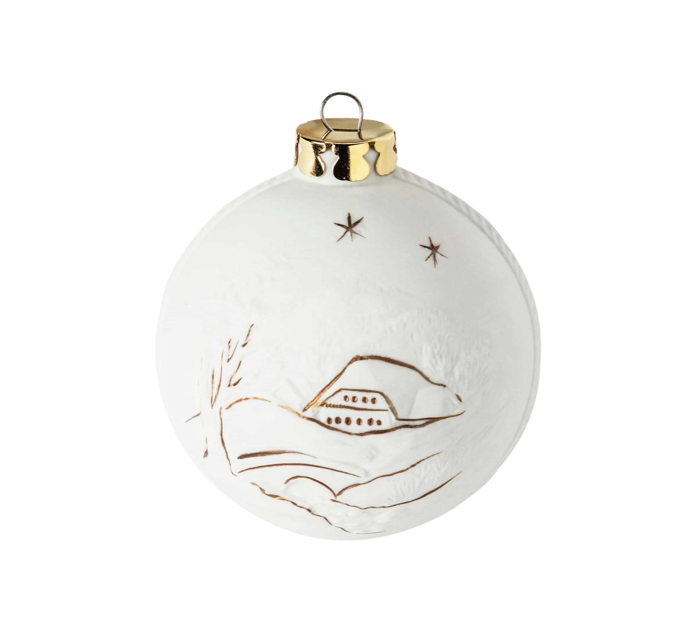 Seltmann Porzellan Weihnachtskugel, "Brücke rechts + Kirche mit Spitzturm" Ø 6 cm, Weiß/Gold
