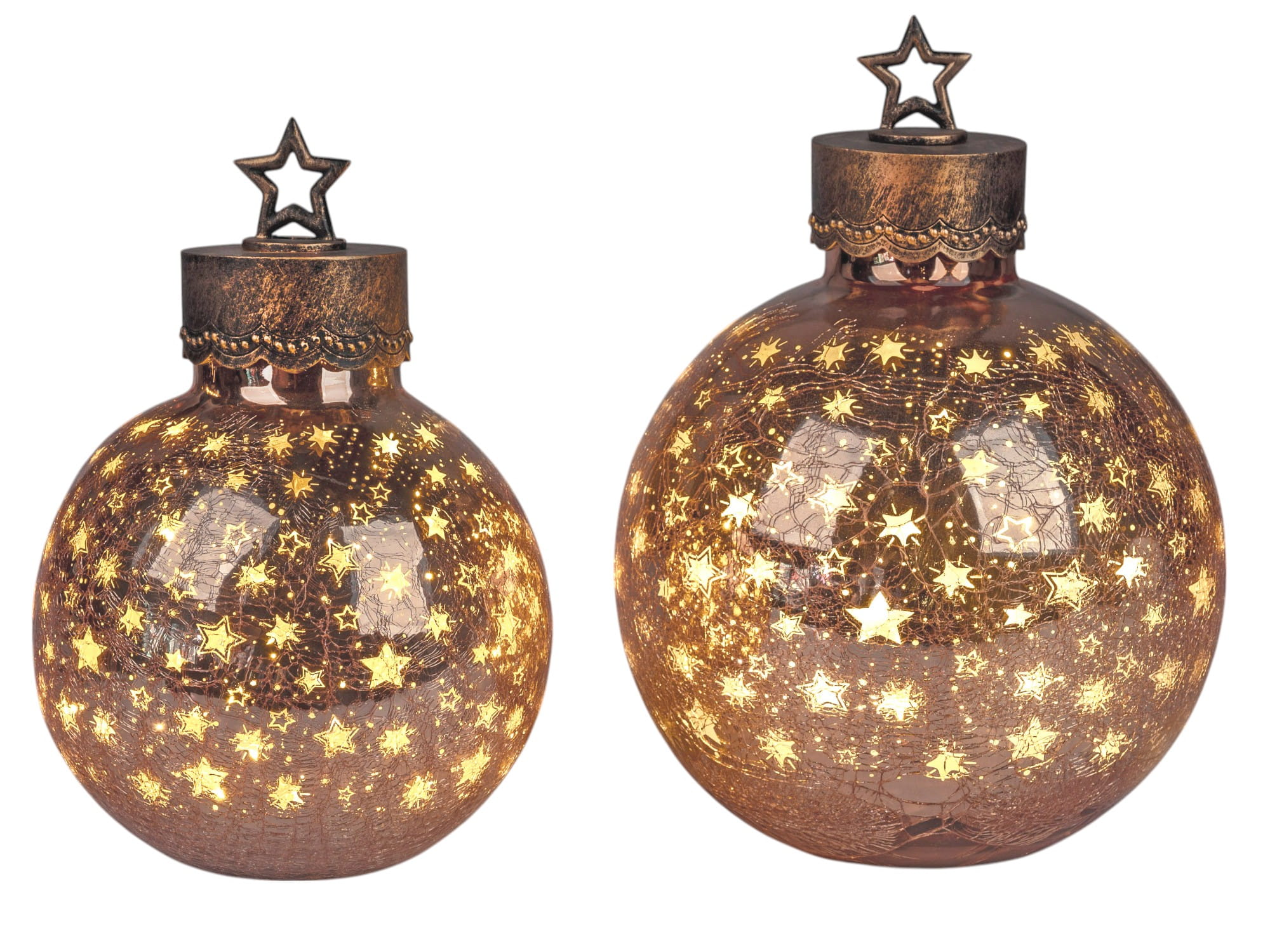 formano Weihnachtskugel 30 cm, Farbglas in Krakelee-Optik mit LED-Licht, Sterne-Rose + aufgesetztem Stern