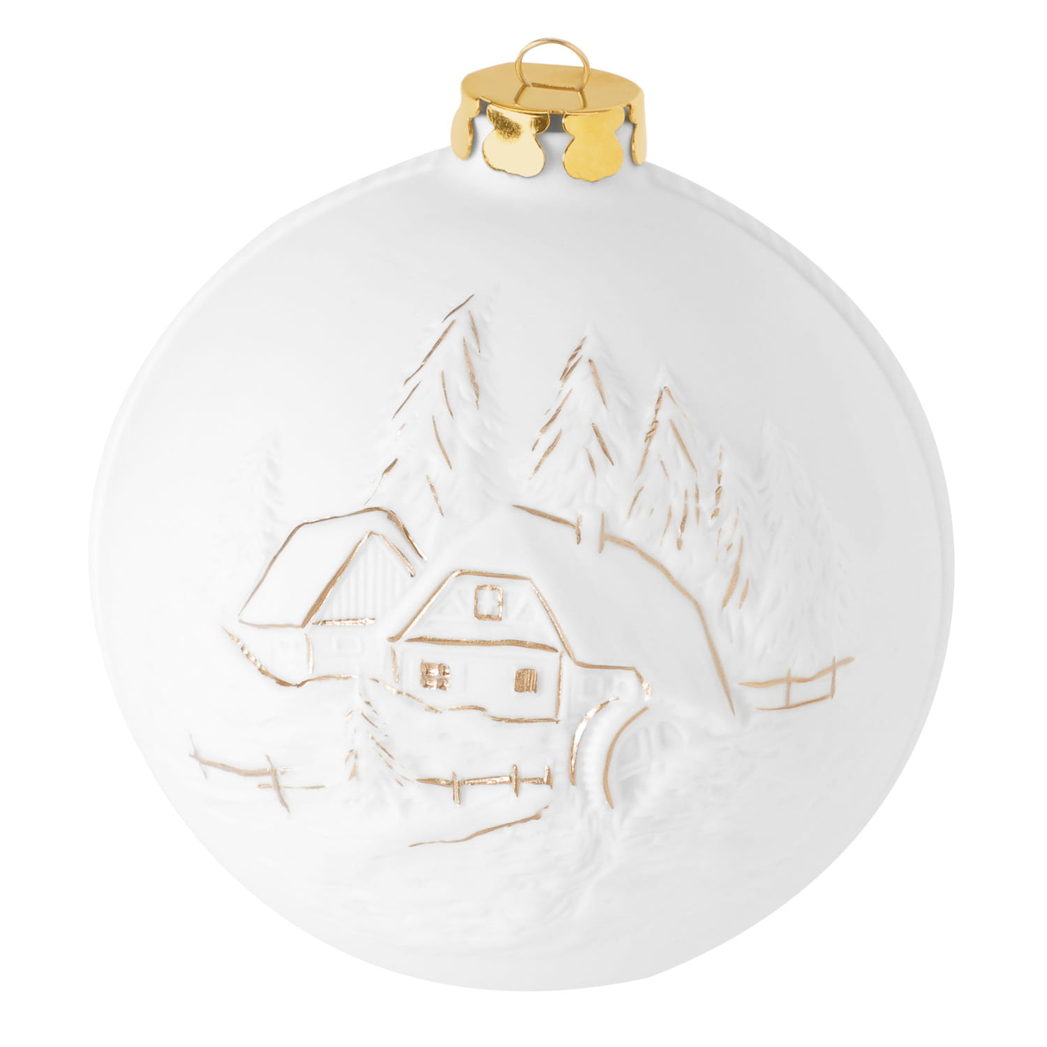 Seltmann Porzellan Weihnachtskugel, "Kirche + Mühle" Ø 8 cm, Weiß/Gold
