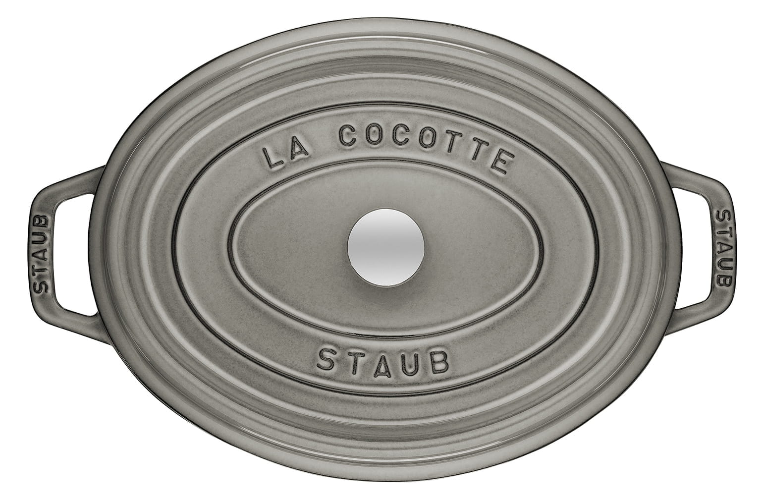 Staub Cocotte Bräter Gusseisen oval 27cm grau oben