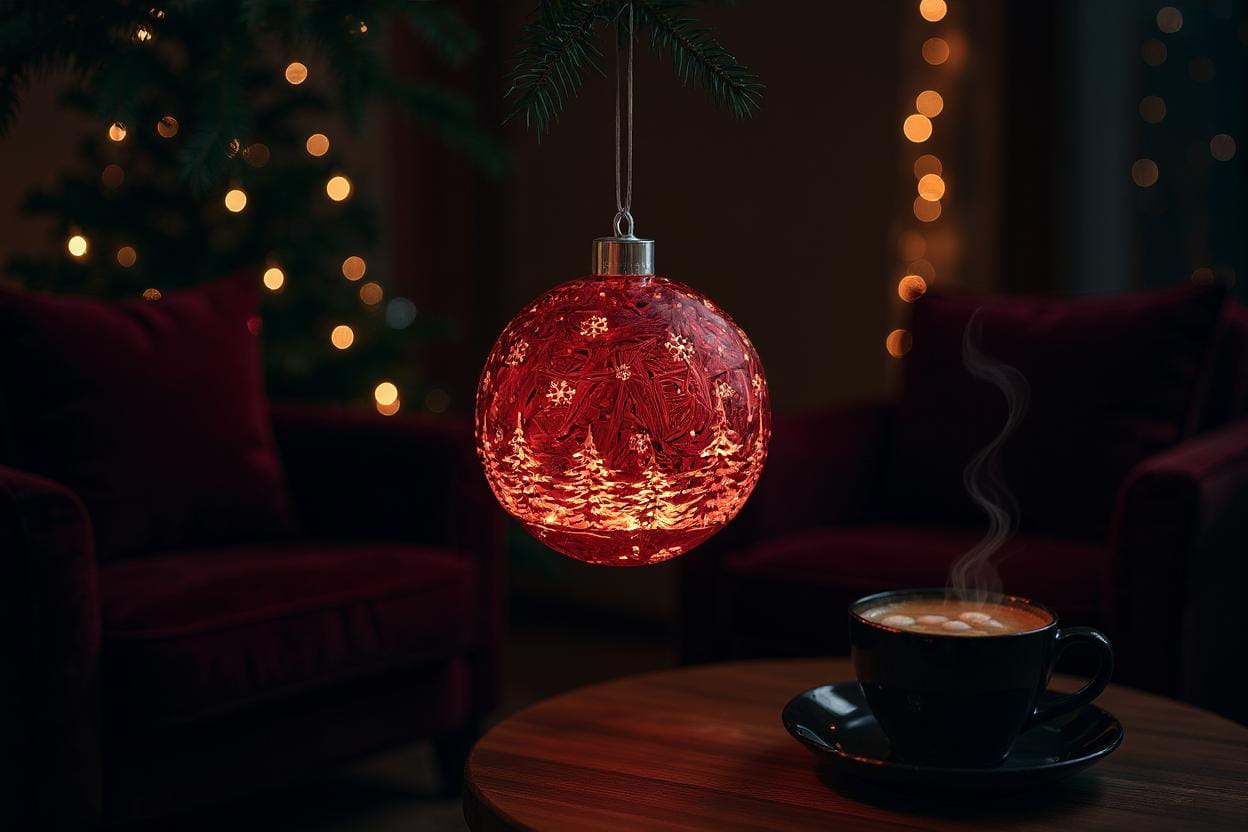 formano LED Hänger Weihnachtskugel Ø 12 cm, Farbglas, Ice-Optik, Timer + Batteriebox, Frosty-Rot