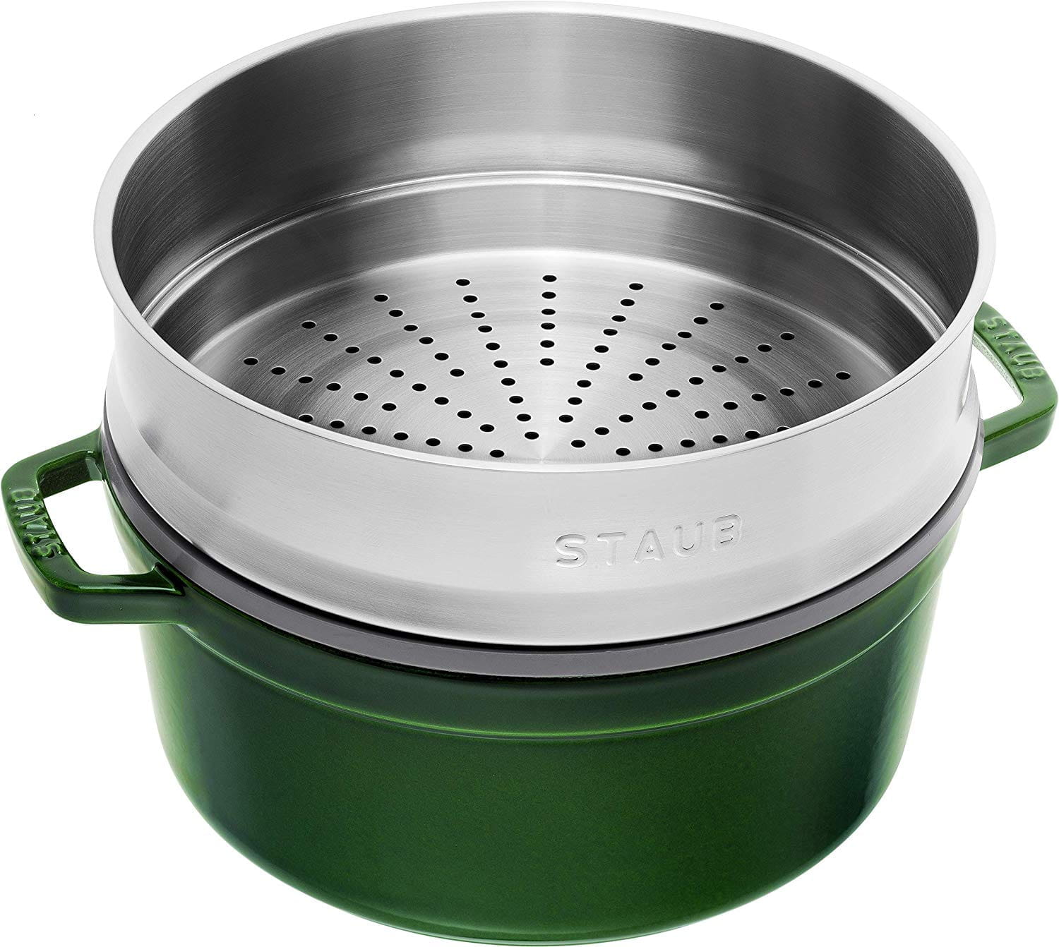 Staub Cocotte Bräter Gusseisen rund 26cm Basilikum mit Dämpfeinsatz