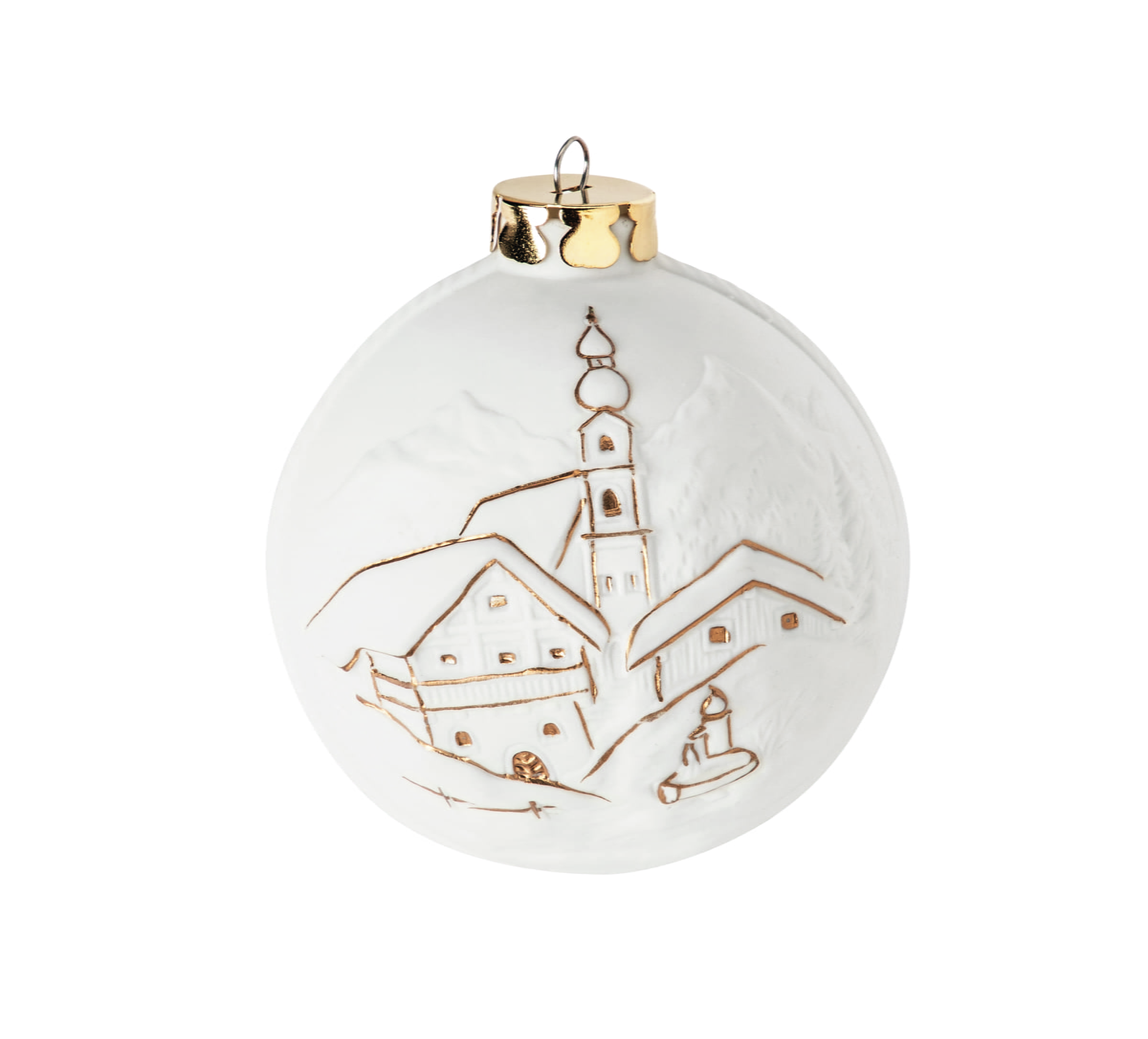 Seltmann Porzellan Weihnachtskugel, "Dorf mit Brunnen + Bergkreuz" Ø 6 cm, Weiß/Gold