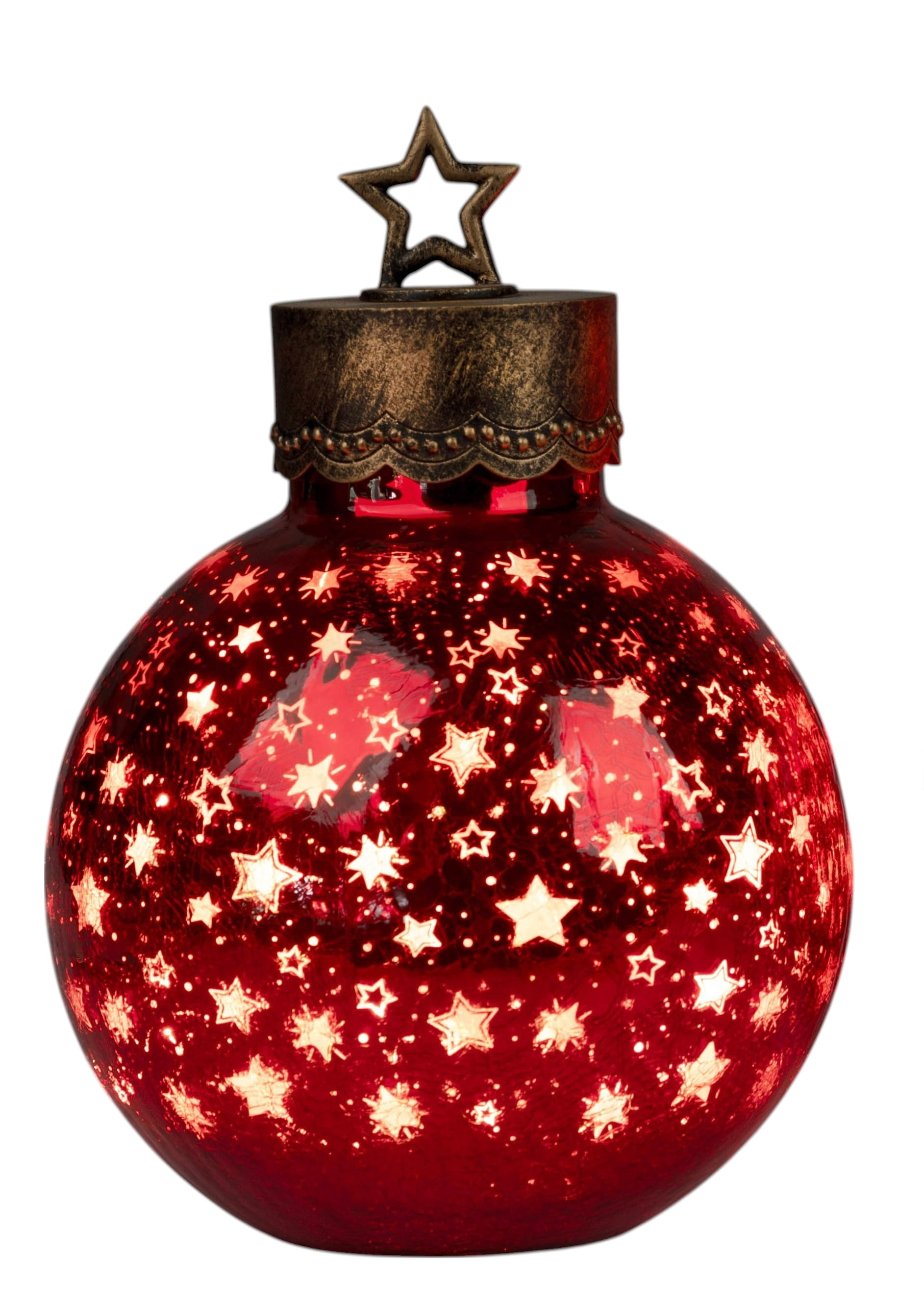 formano Weihnachtskugel 30 cm, Farbglas in Krakelee-Optik mit LED-Licht, Sterne-Rot + aufgesetztem Stern