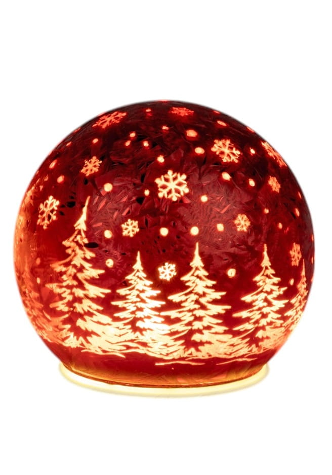 formano Weihnachtskugel 12 cm, Farbglas rot in geeister Optik, mit LED-Licht & Timer, winterl. Dekor